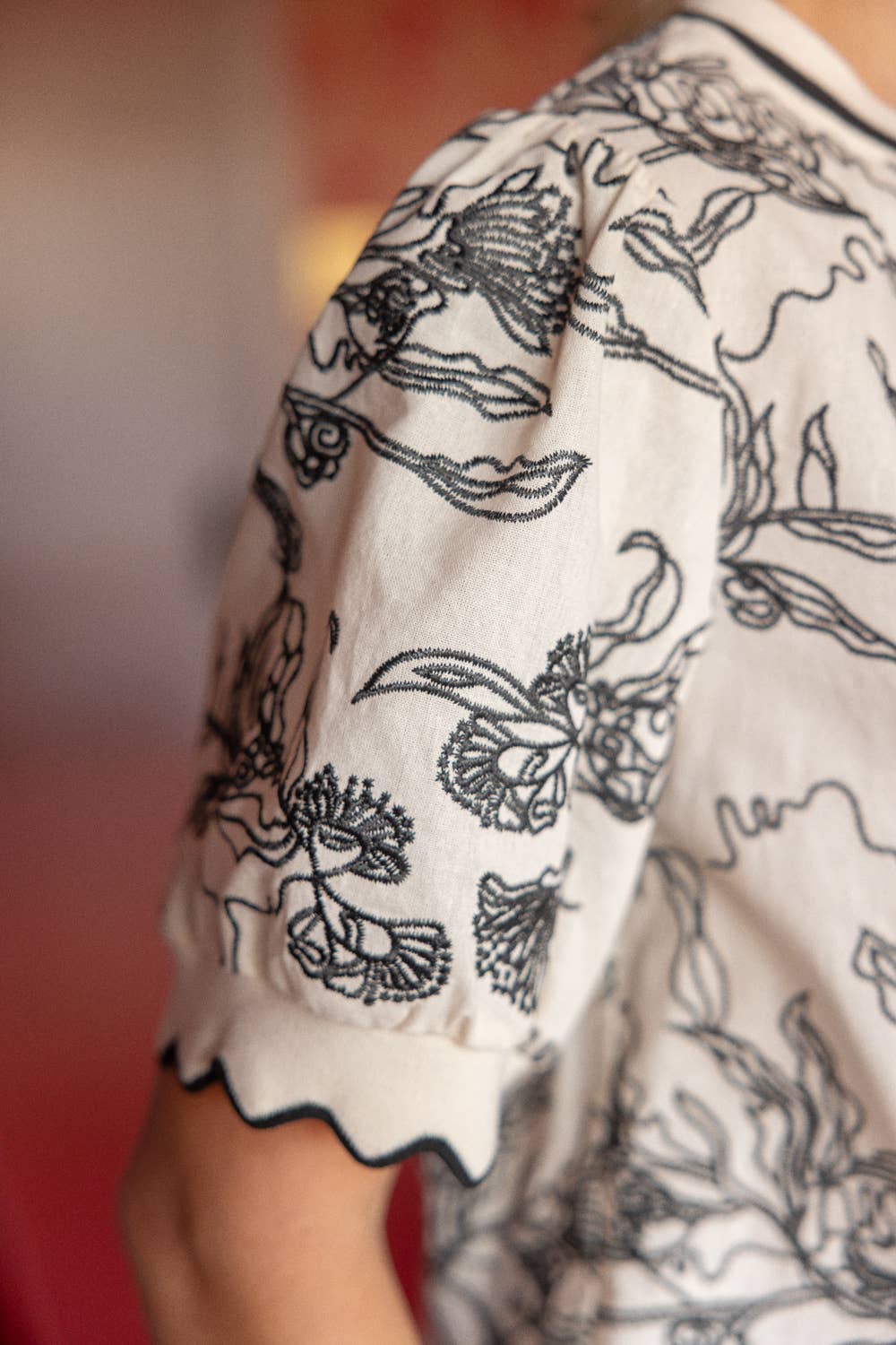 Abstract Floral Embroidered Scalloped Band Top
