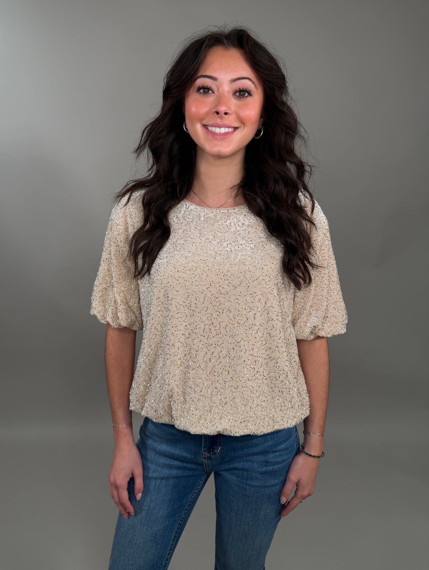 Knit Polyester Spandex Velvet Sequin Bubble Hem Top