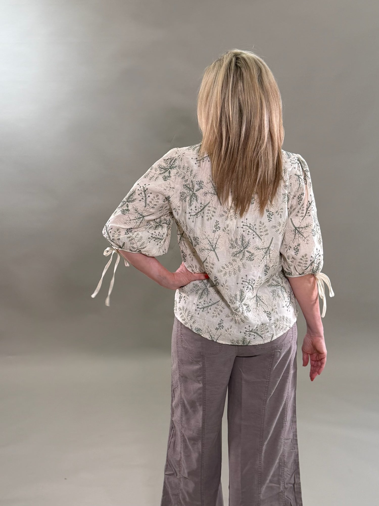Cream and Green Embroidery Top