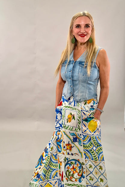 Amalfi Tile Linen-Blend Maxi Skirt