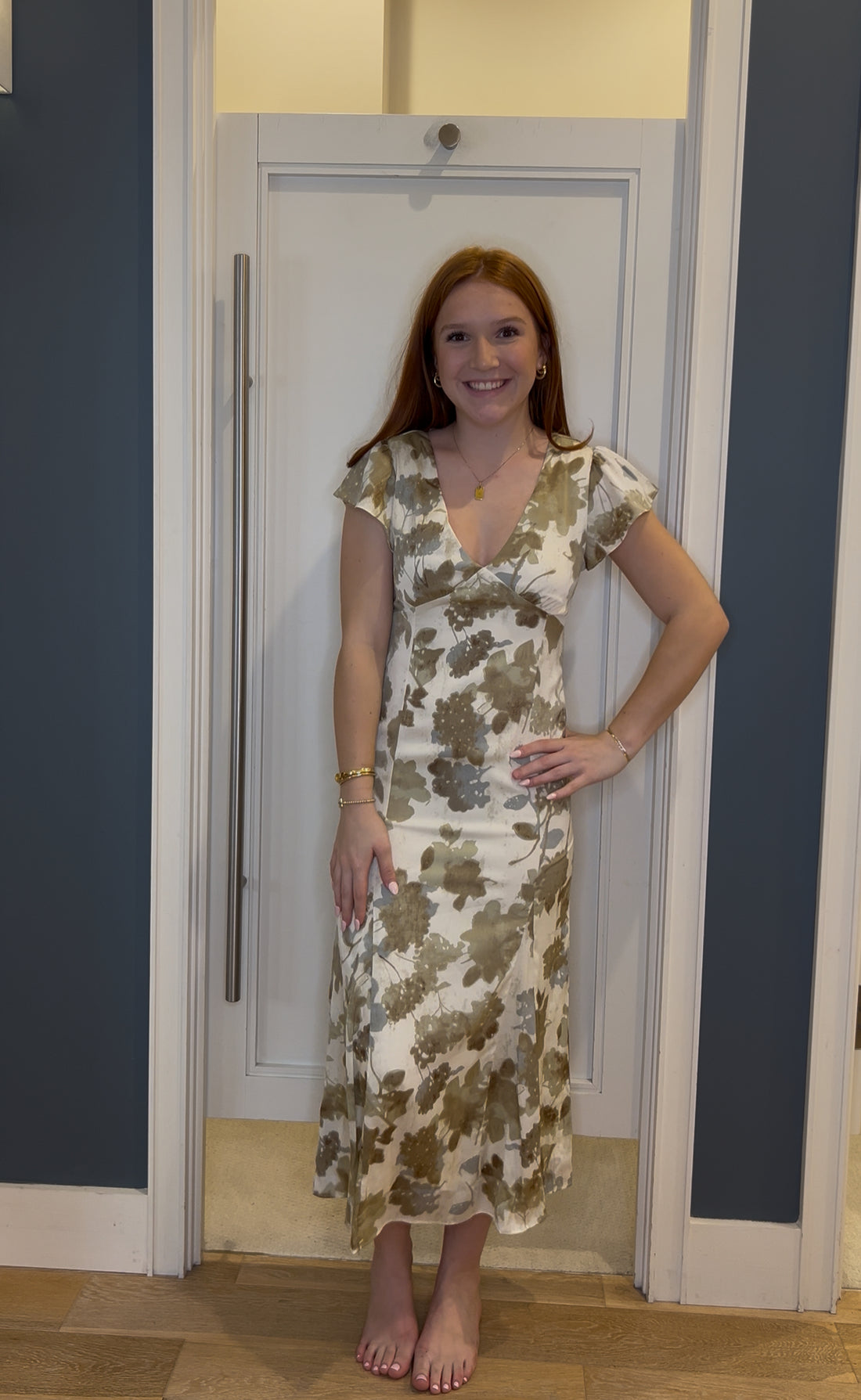 Muted Green &amp; White Flattering Floral Midi Dress