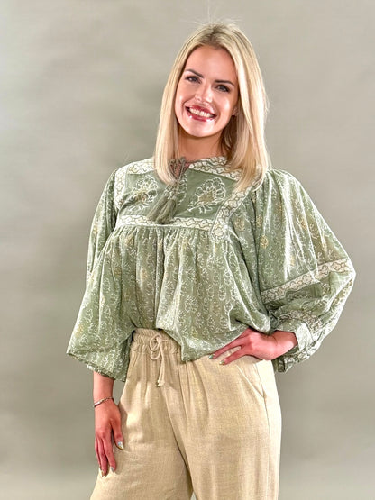 Boho Sage Floral Blockprint Blouse