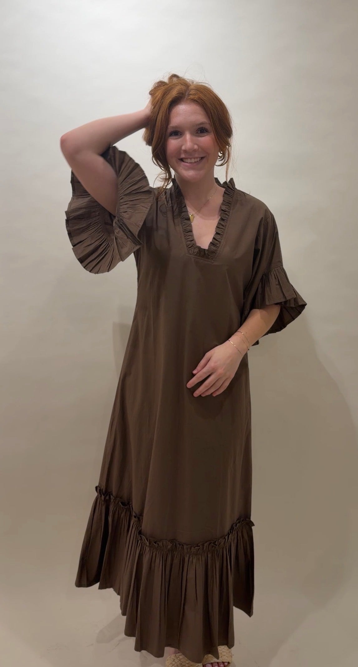 Solid Espresso Tiered Ruffle Maxi Dress