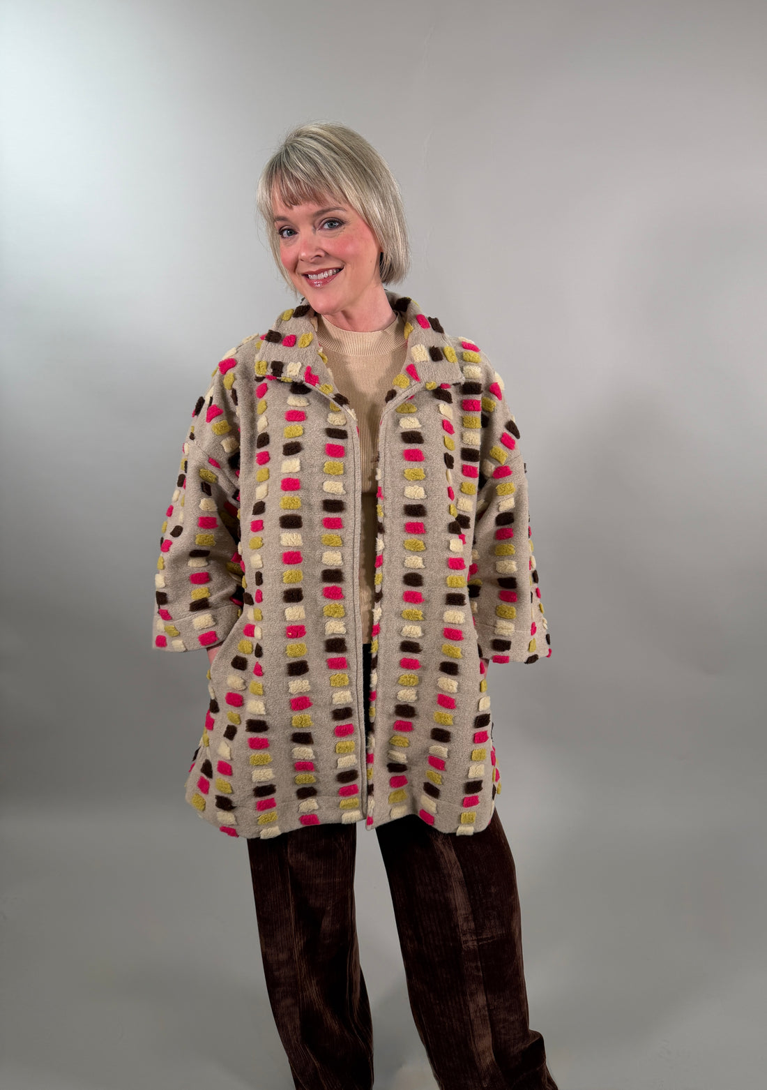 Textured Block Knit Mid-Length Coat