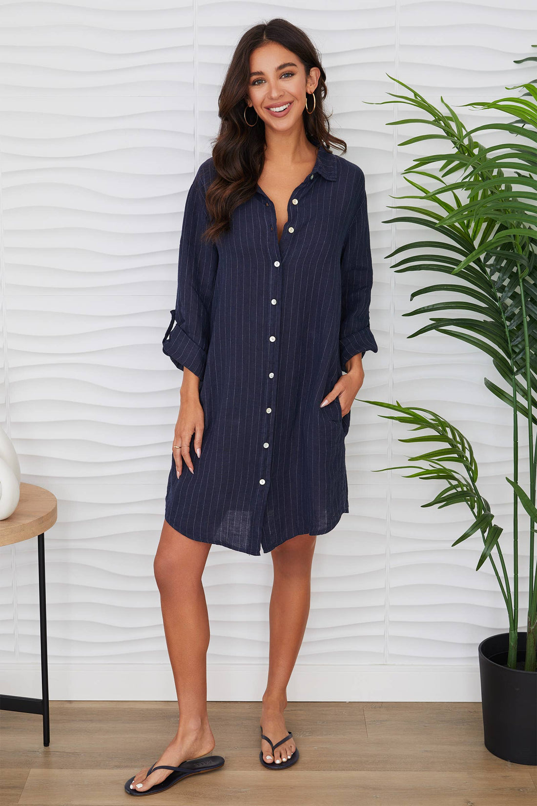 Linen Pinstripe Navy Shirt Dress