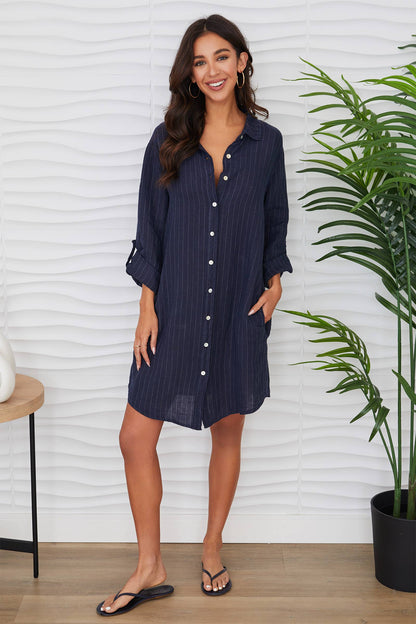 Linen Pinstripe Navy Shirt Dress