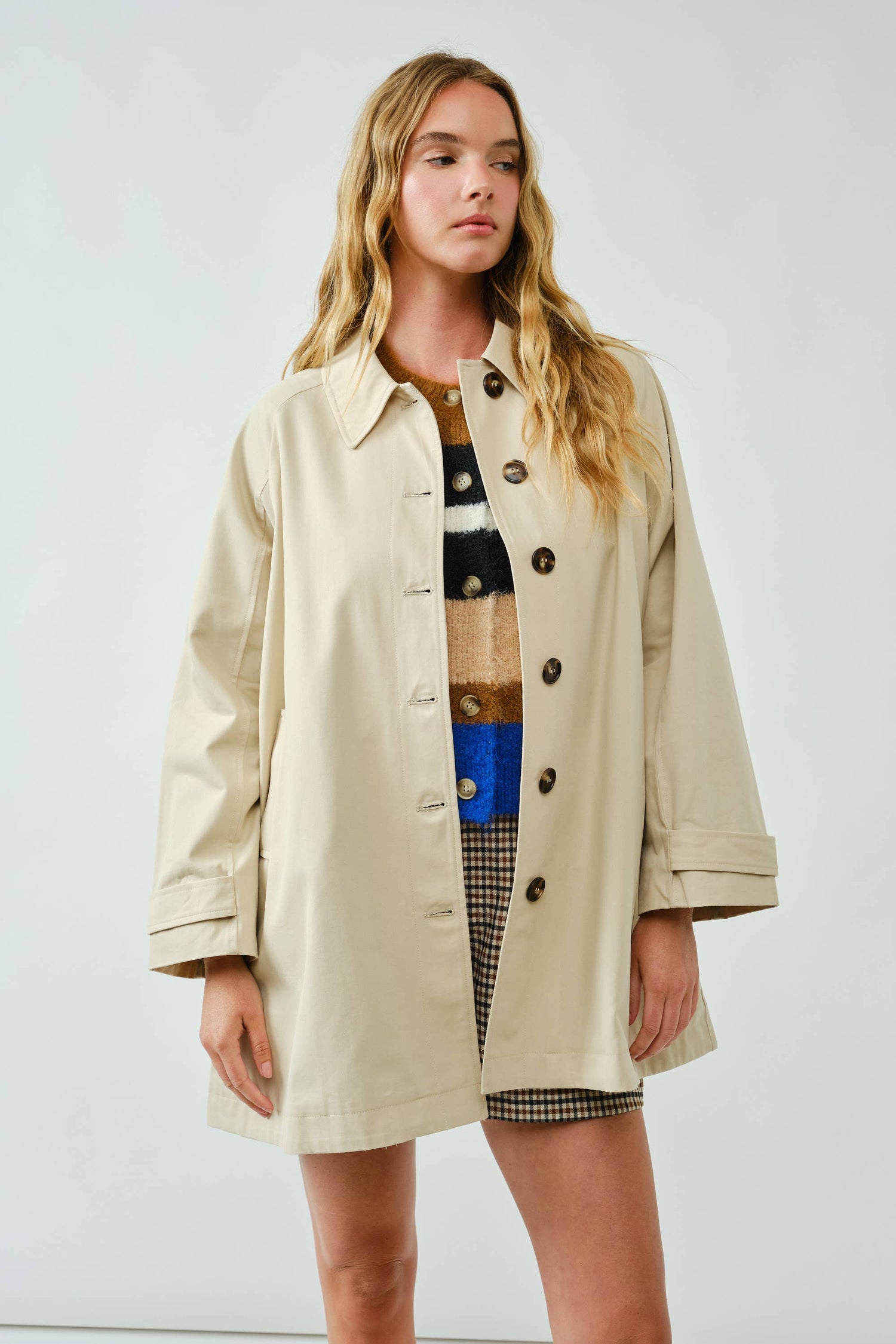 A Line Trench Coat With Plaid Lining