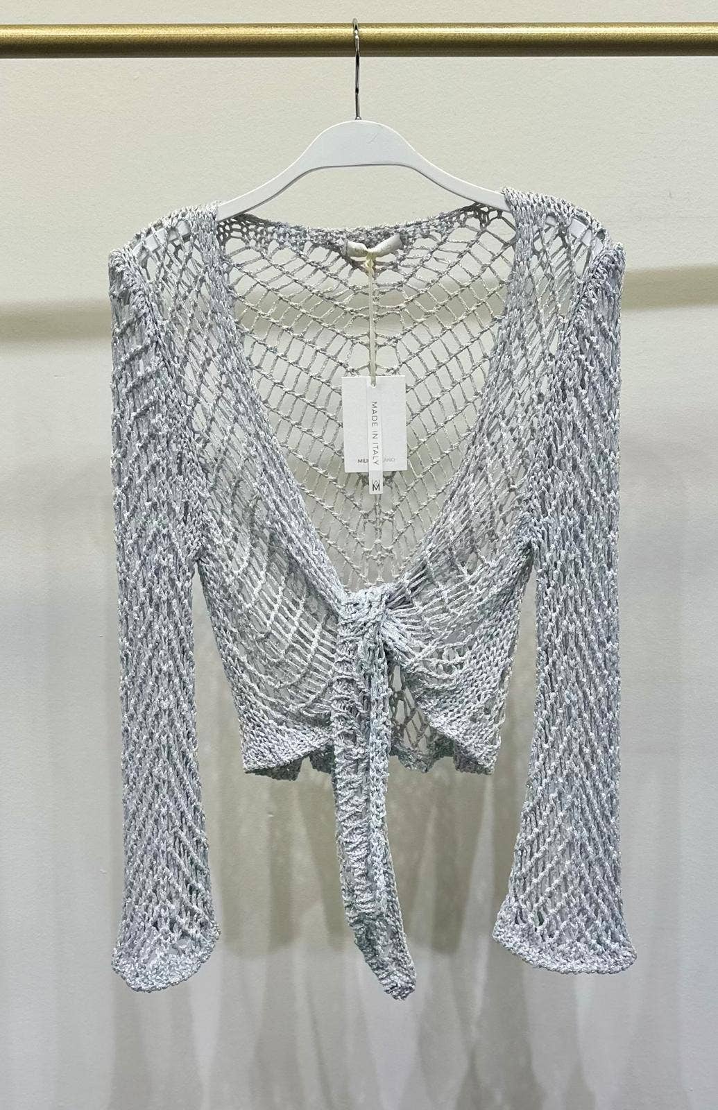 Silver Open Knit Crochet Tie Top