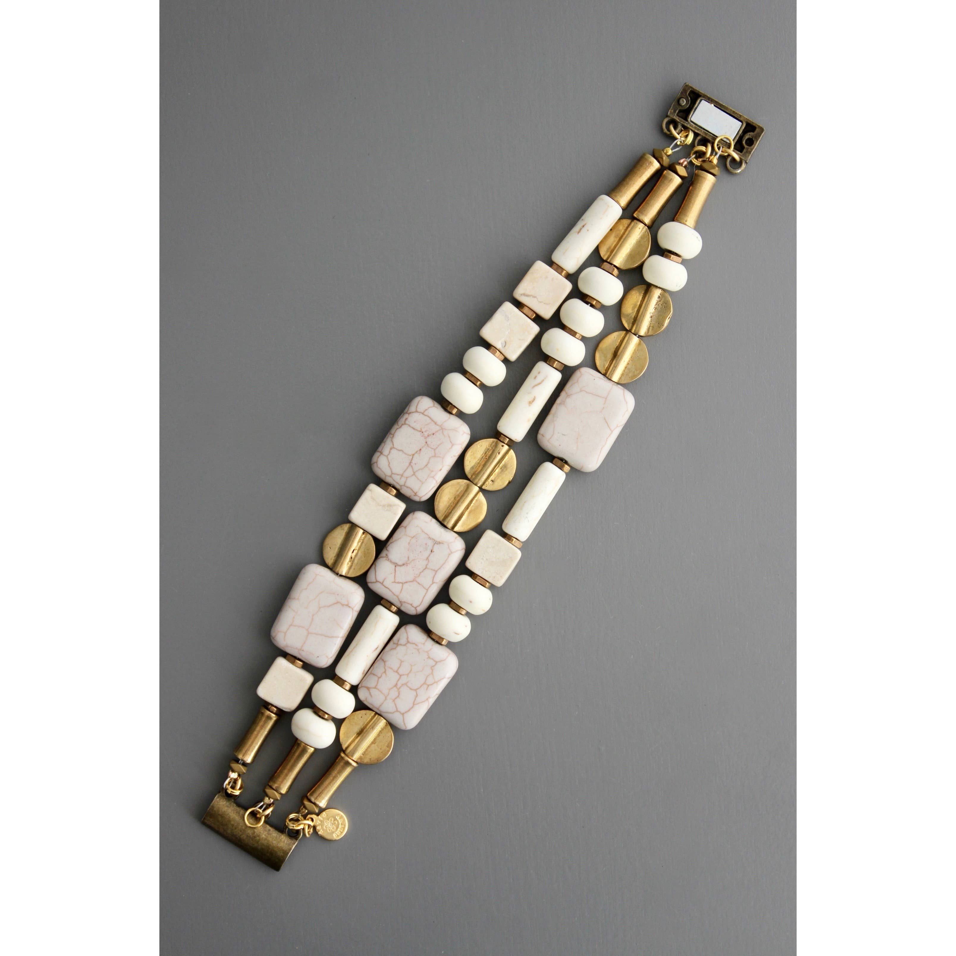 Magnesite and Brass Triple Strand Bracelet