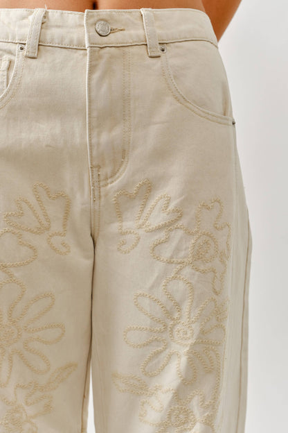 Embroidered Detail Cotton Barrel Pants