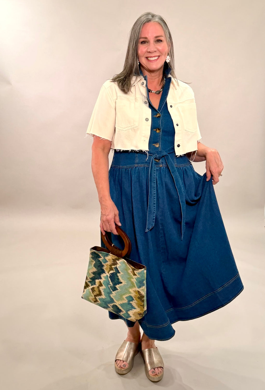 Sleeveless Belted Denim Midi Dress