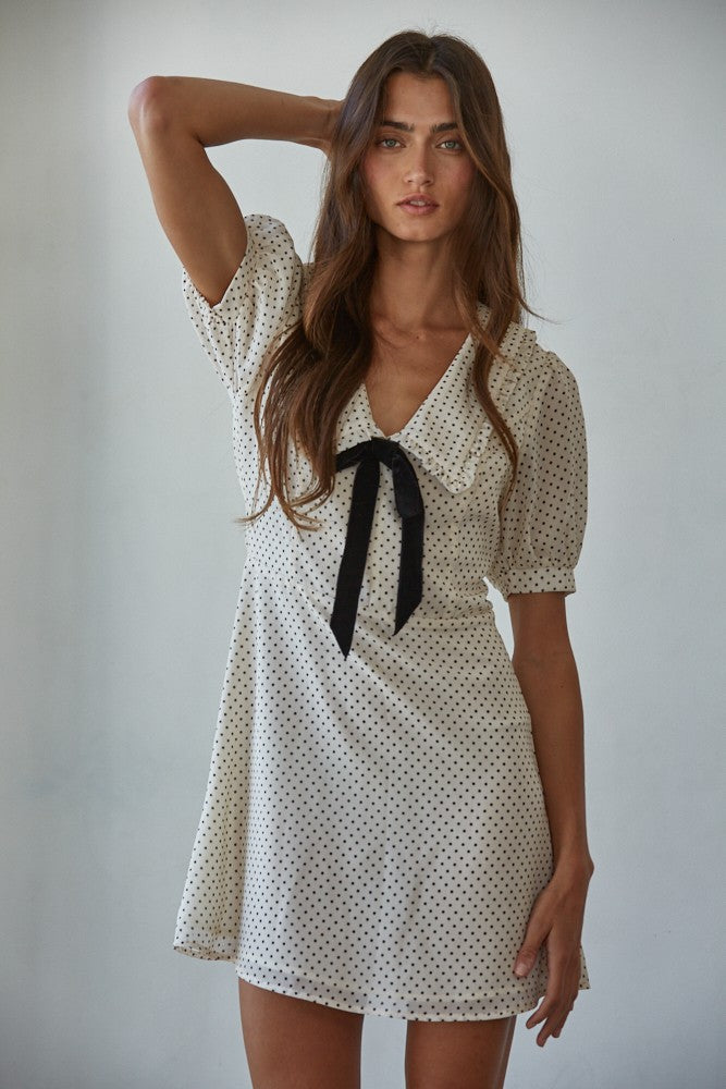 Woven Polyester Chiffon Swiss Dot Print Mini Dress