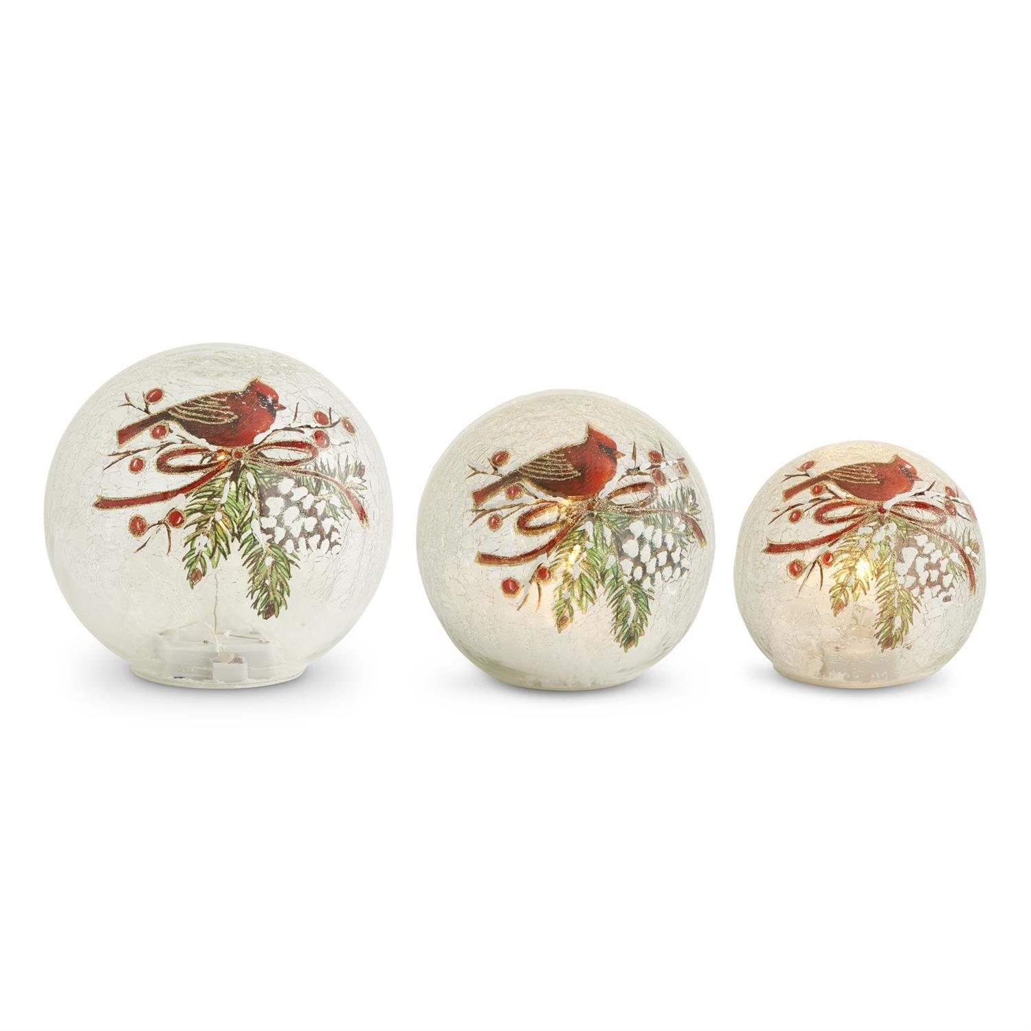 Round Clear Glass Led Cardinal &amp; Pinecone Globes with Timer