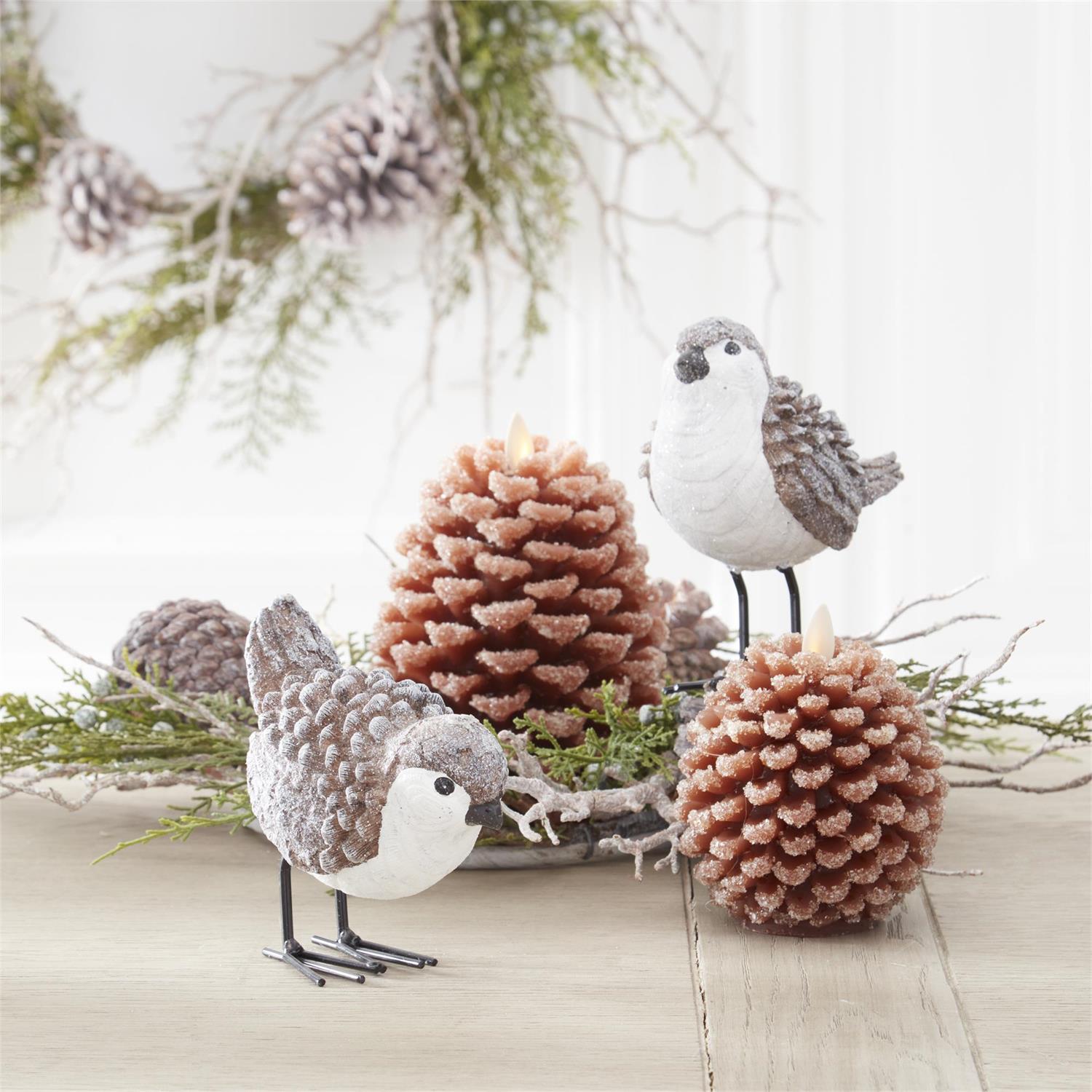 Assorted Brown and White Glittered Woodgrain Pinecone Birds