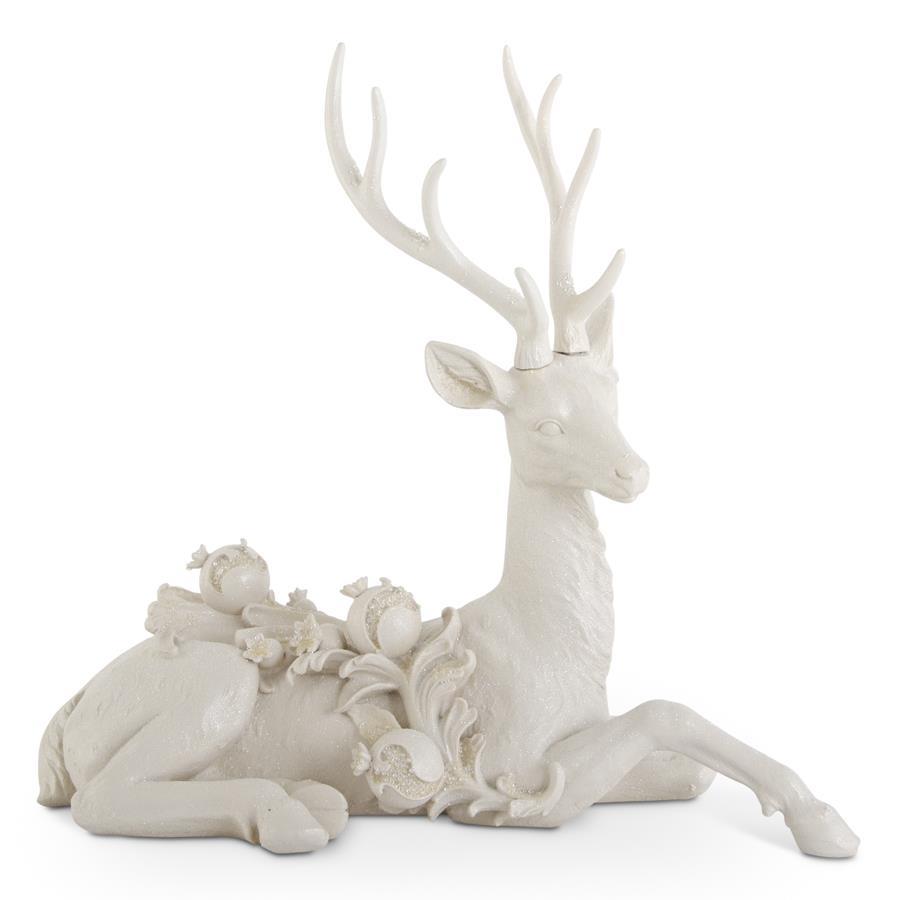 21.5" White Resin Glittered Laying Deer with Beaded Pomegranate