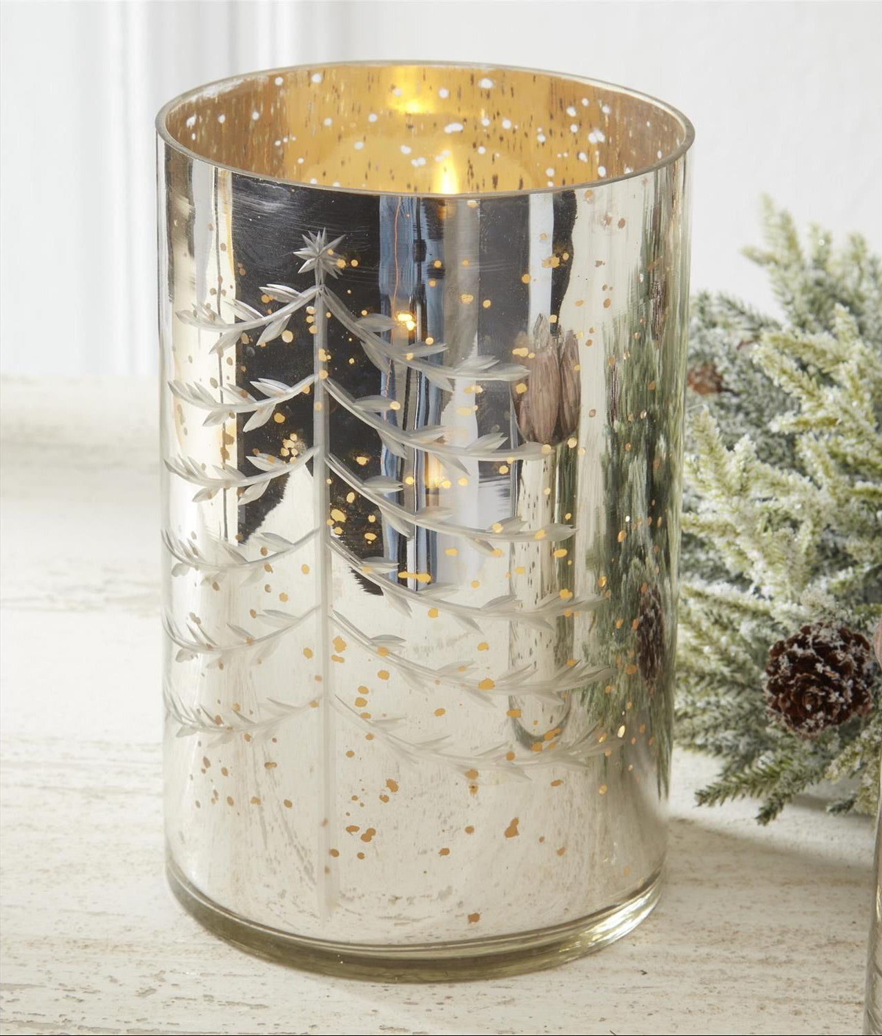 Silver Mercury Glass Candleholders with Christmas Tree