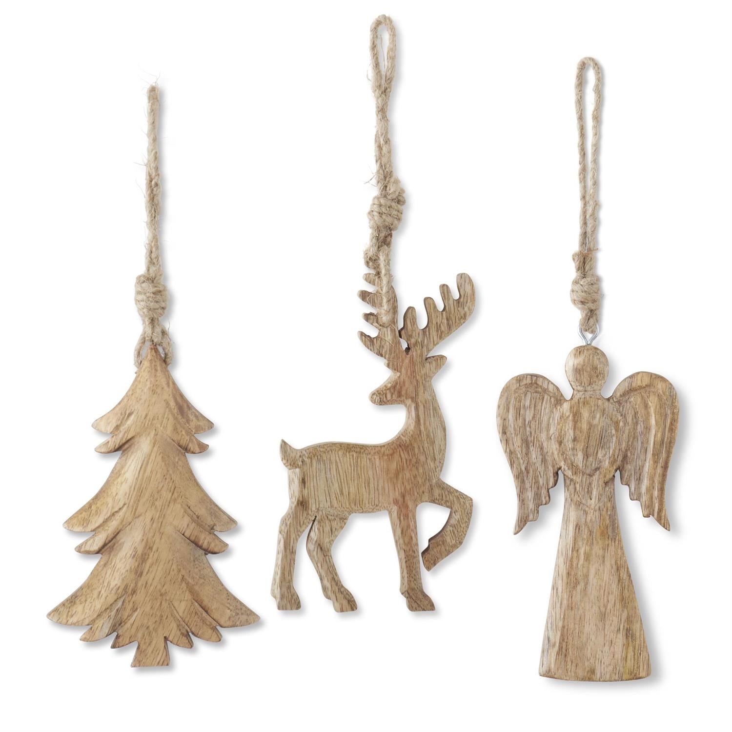Assorted 6&quot; Mango Wood Holiday Ornaments with Jute Hangers