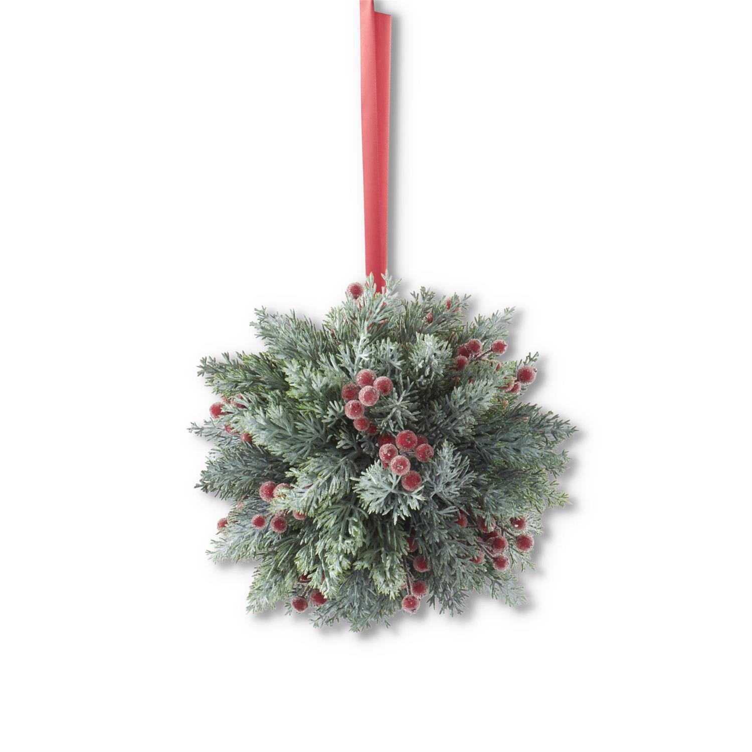 Icy Red Berry &amp; Pine Ball with Red Ribbon Hanger