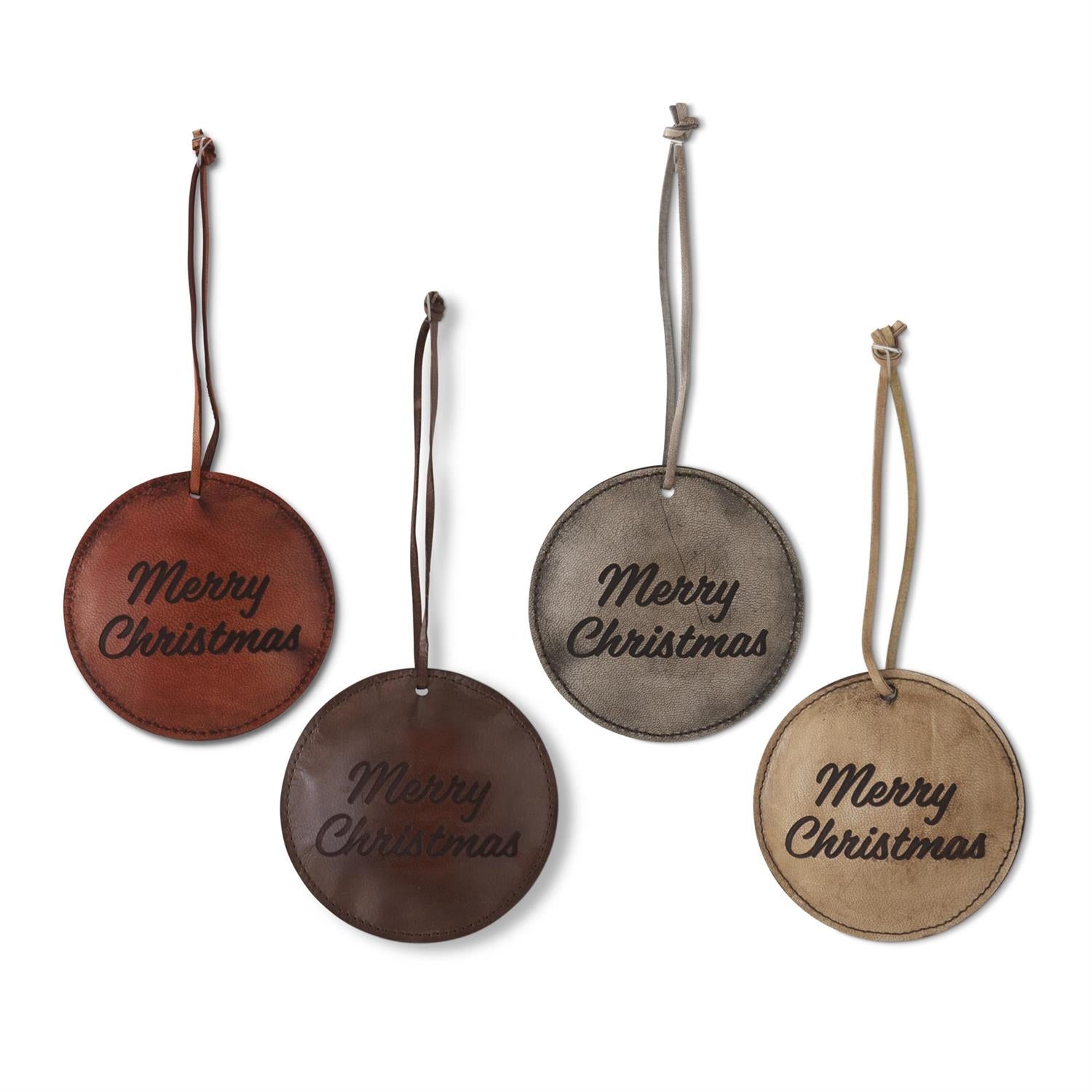 Assorted 4&quot; Round Leather &quot;Merry Christmas&quot; Engraved Ornaments