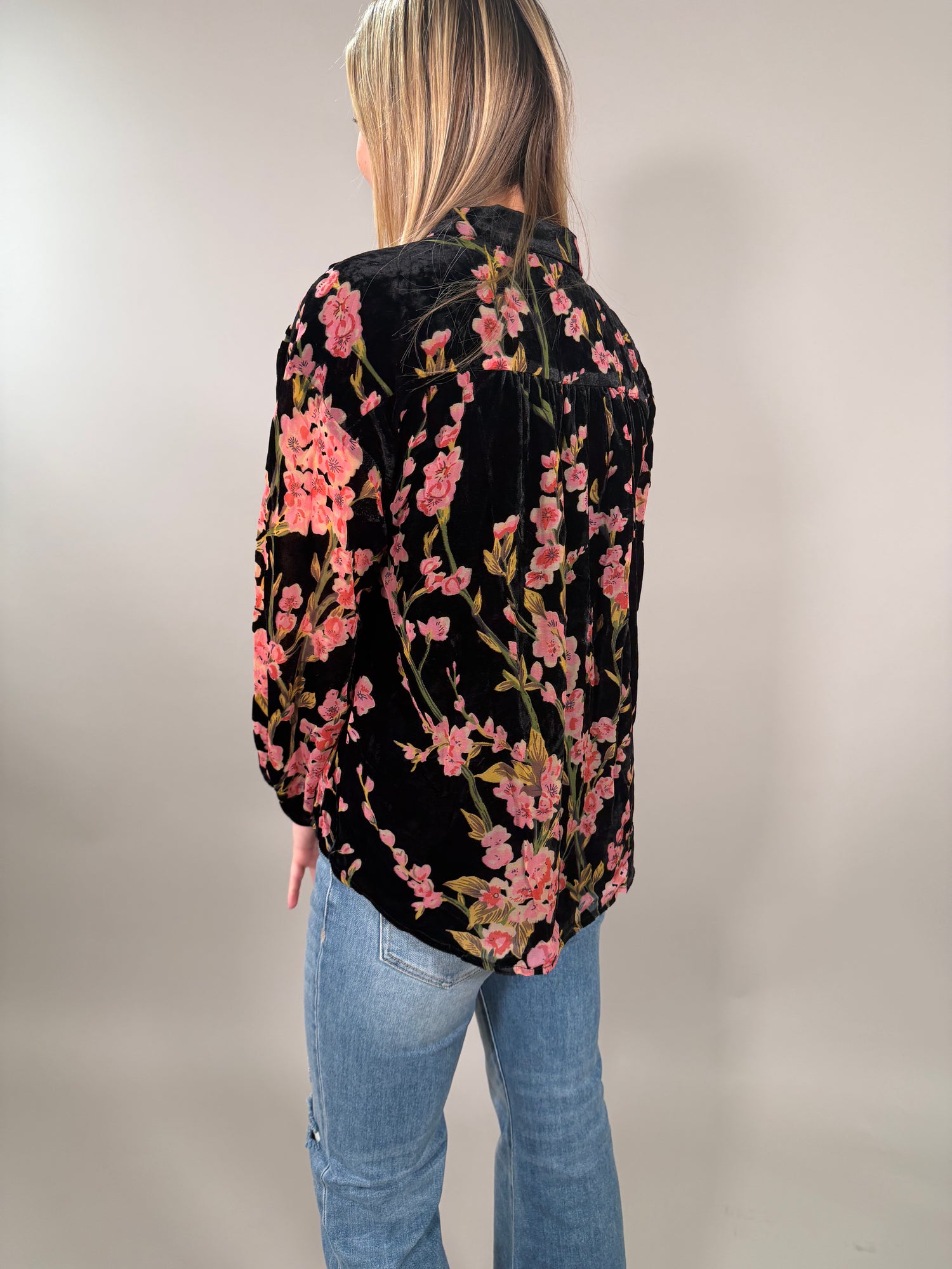 Velvet Cherry Blossom Button-Up Blouse