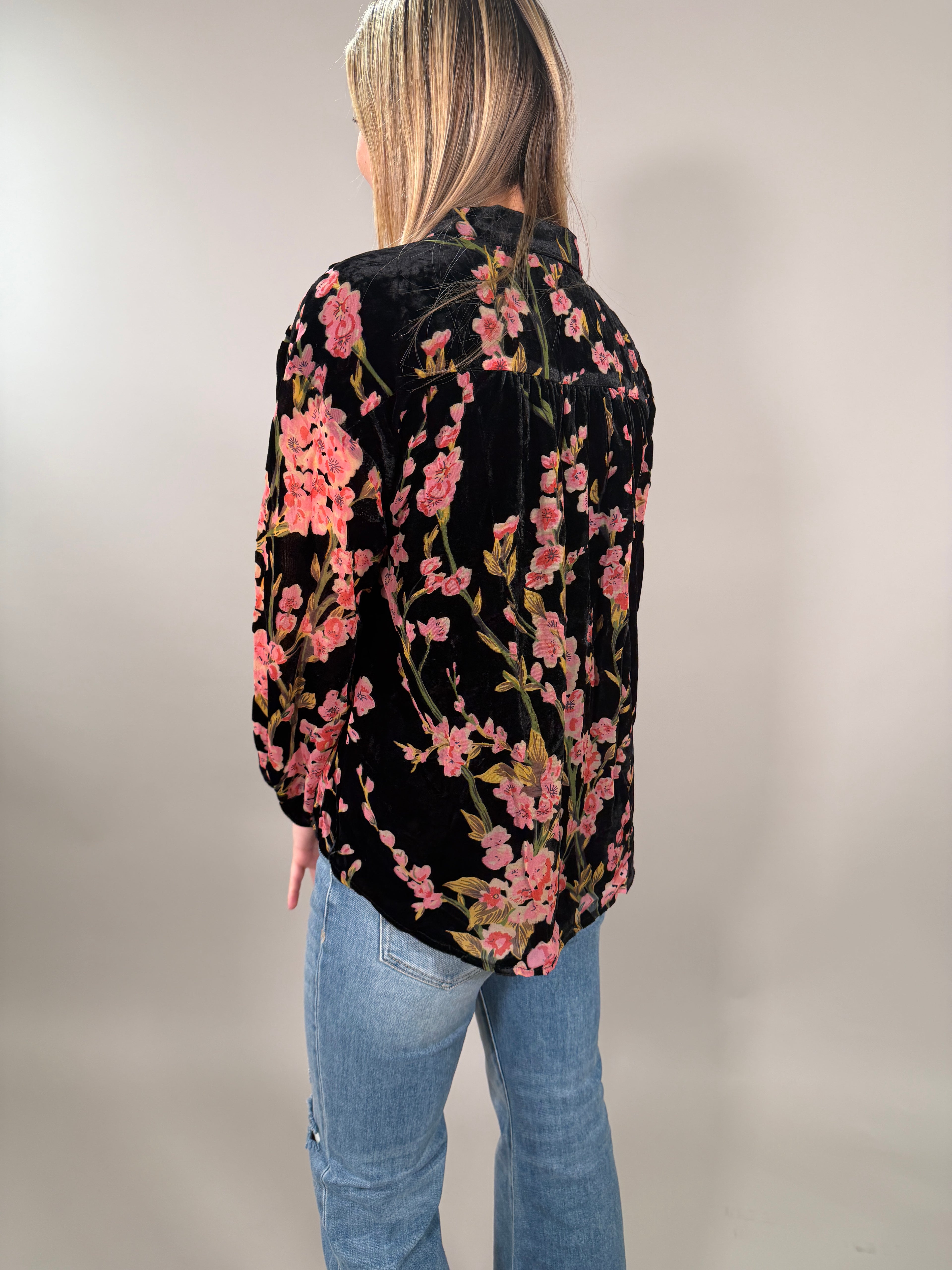 Velvet Cherry Blossom Button-Up Blouse
