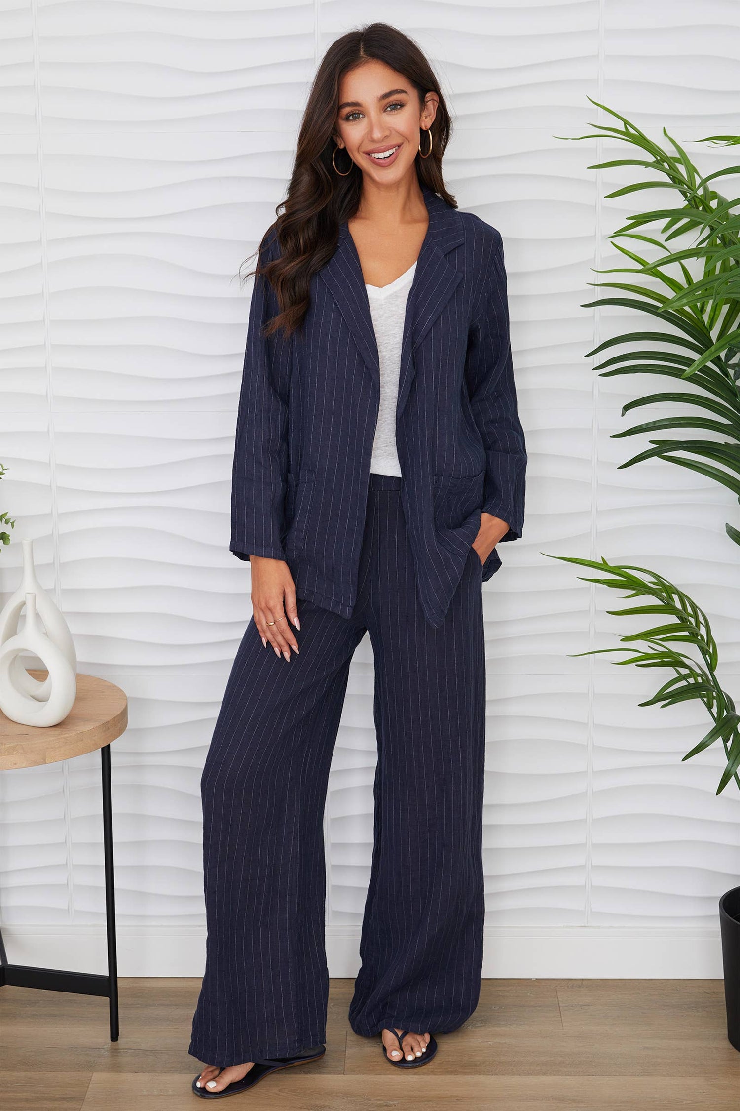 Linen Pinstripe Flat Front Pants