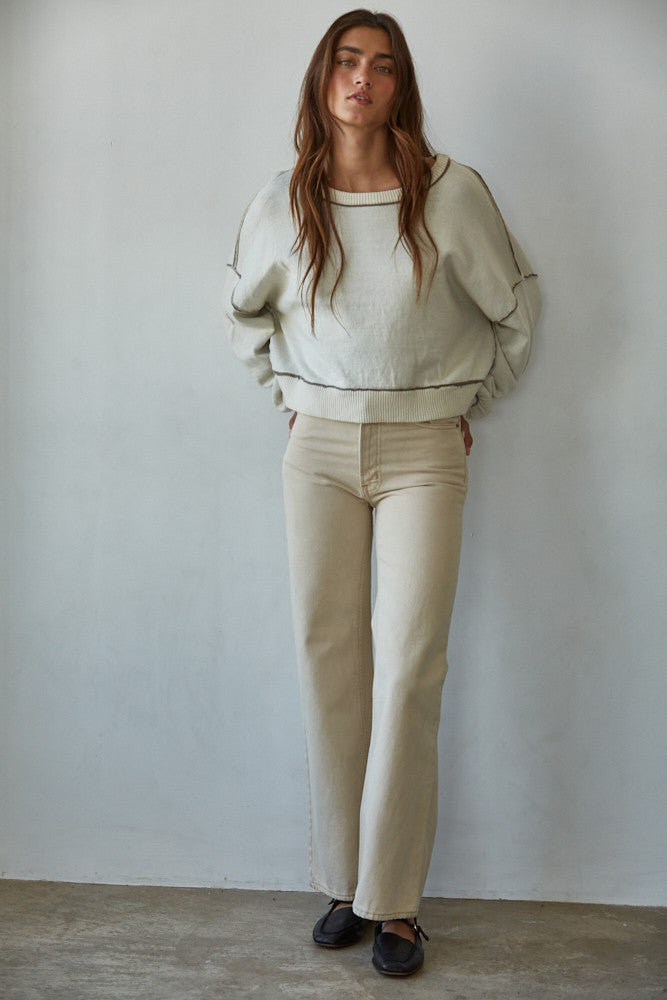Knit Sweater Boat Neck Contrast Seam Pullover Top