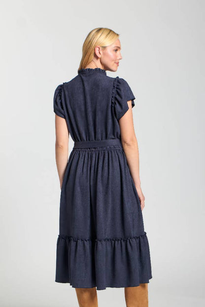 Navy Vegan Suede Short Sleeve Dress With Smocked Sleeves
