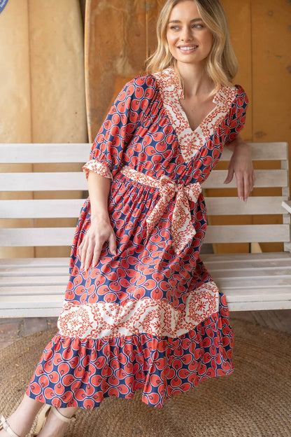 Mixed Print Waist Tie Dress