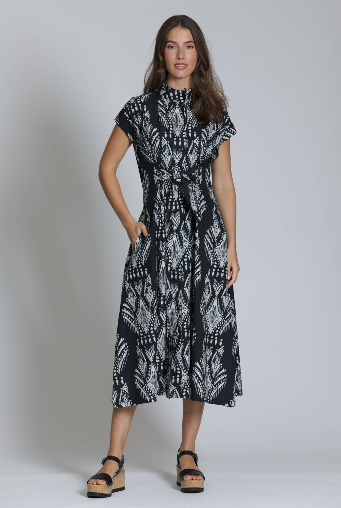 Patterned Tie-Front Midi Dress