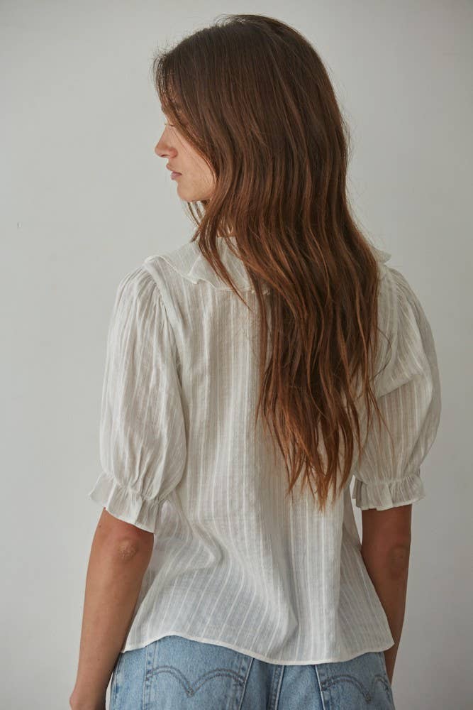 Woven Cotton Buttondown V-Neck Short Sleeve Top