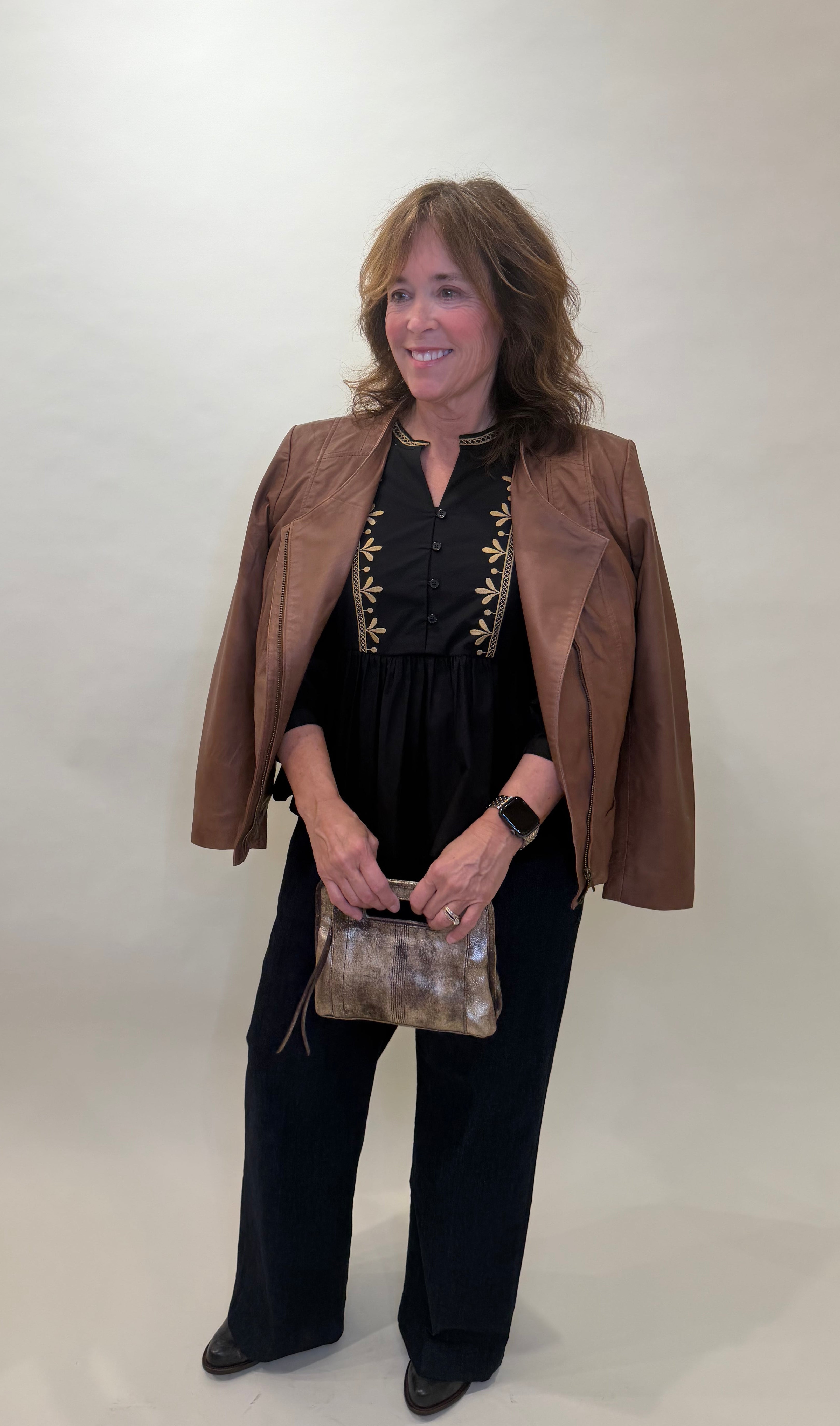 Casual Black Peplum Top with Gold Embroidery