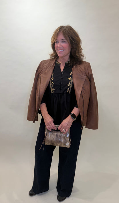 Casual Black Peplum Top with Gold Embroidery