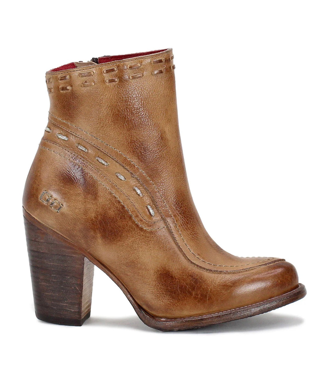 Brown leather ankle boot with a block heel on a white background