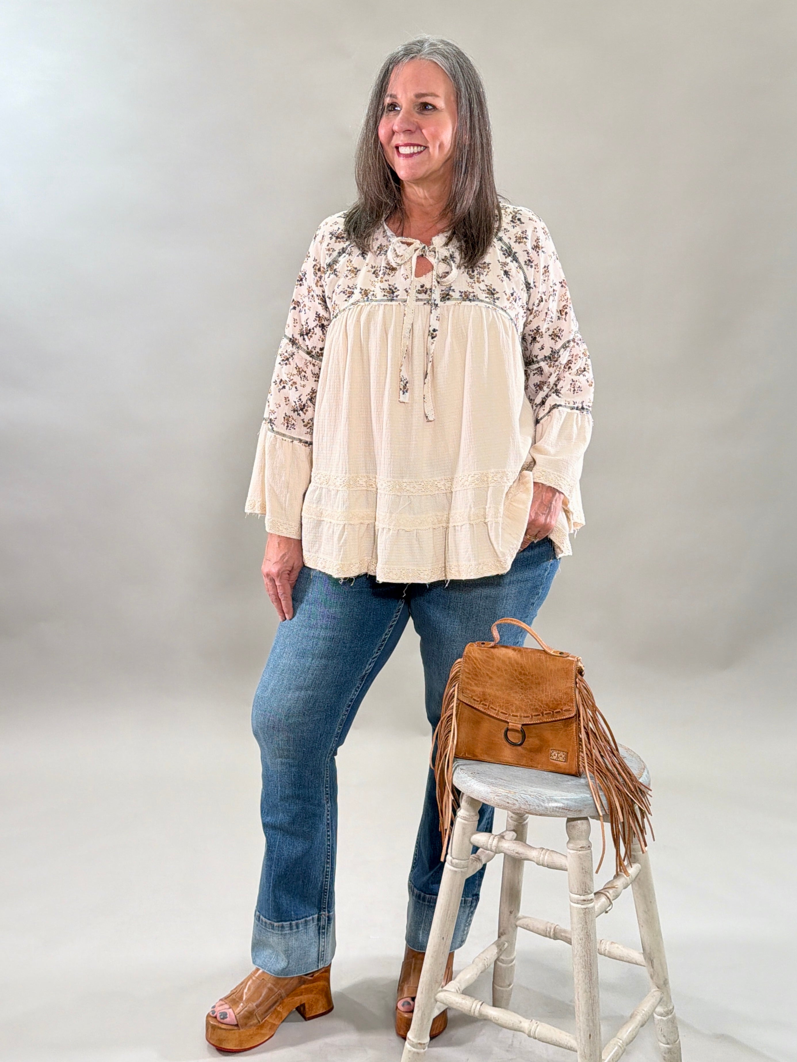 Mixed Media Floral Embroidered Blouse