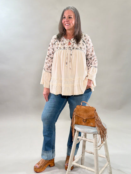 Mixed Media Floral Embroidered Blouse