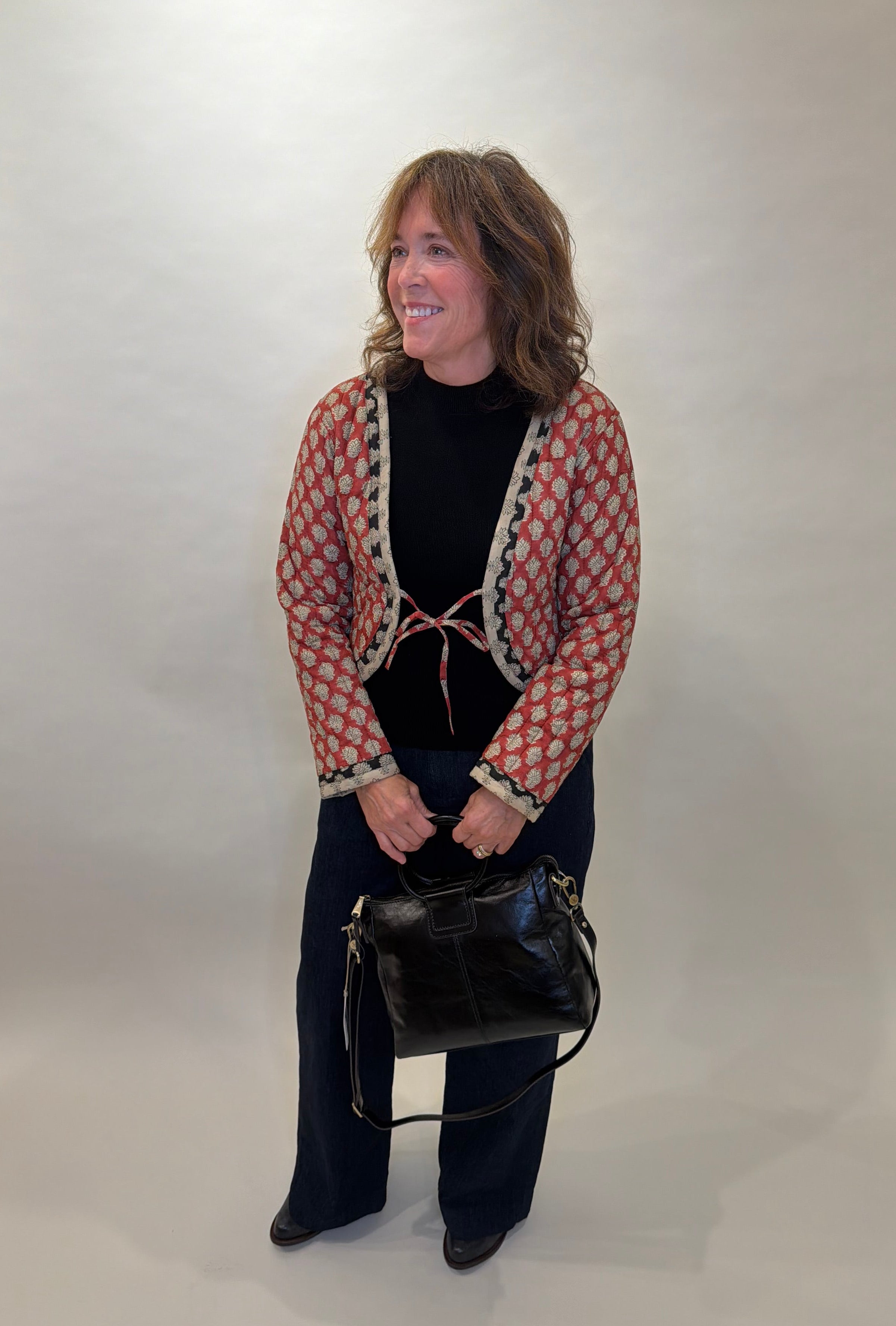 Red Block Print Quilted Cropped Tie-Front Jacket