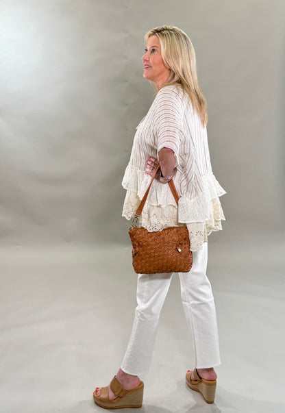 Striped Eyelet Ruffle Poncho Top