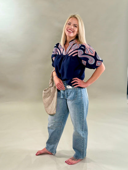 Americana Plaid Embroidered Blouse