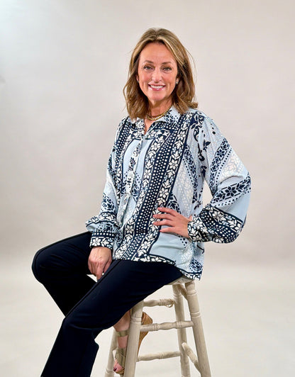 Blue Mosaic Print Button-Down Blouse