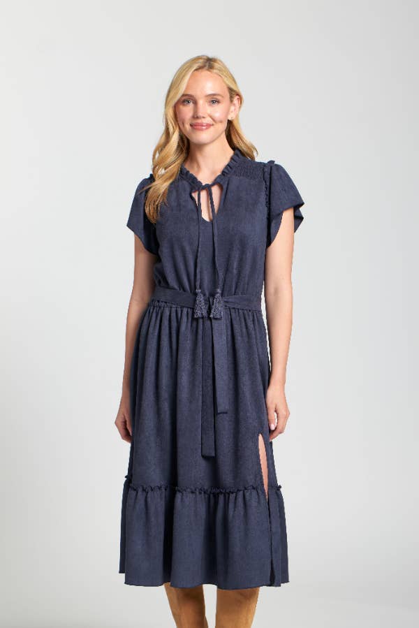 Navy Vegan Suede Short Sleeve Dress With Smocked Sleeves