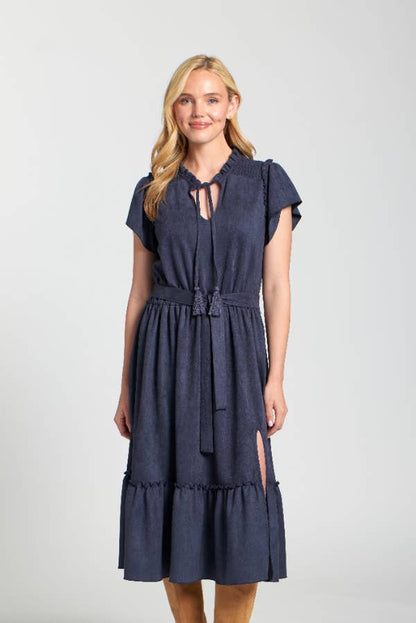 Navy Vegan Suede Short Sleeve Dress With Smocked Sleeves