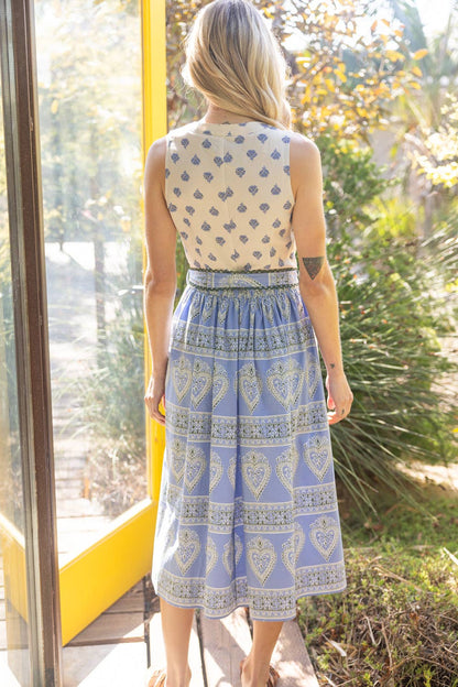 Mixed Print Waist Tie Sleeveless Midi Dress