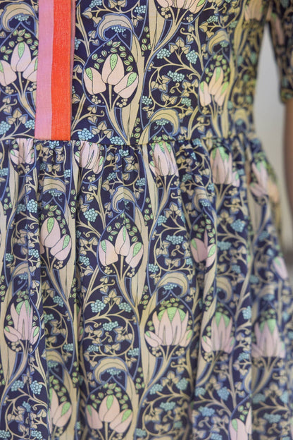 Contrast Stripe Detailed Floral Print Midi Dress