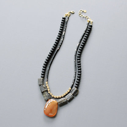 Double Strand Tourmaline and Carnelian Pendant Necklace