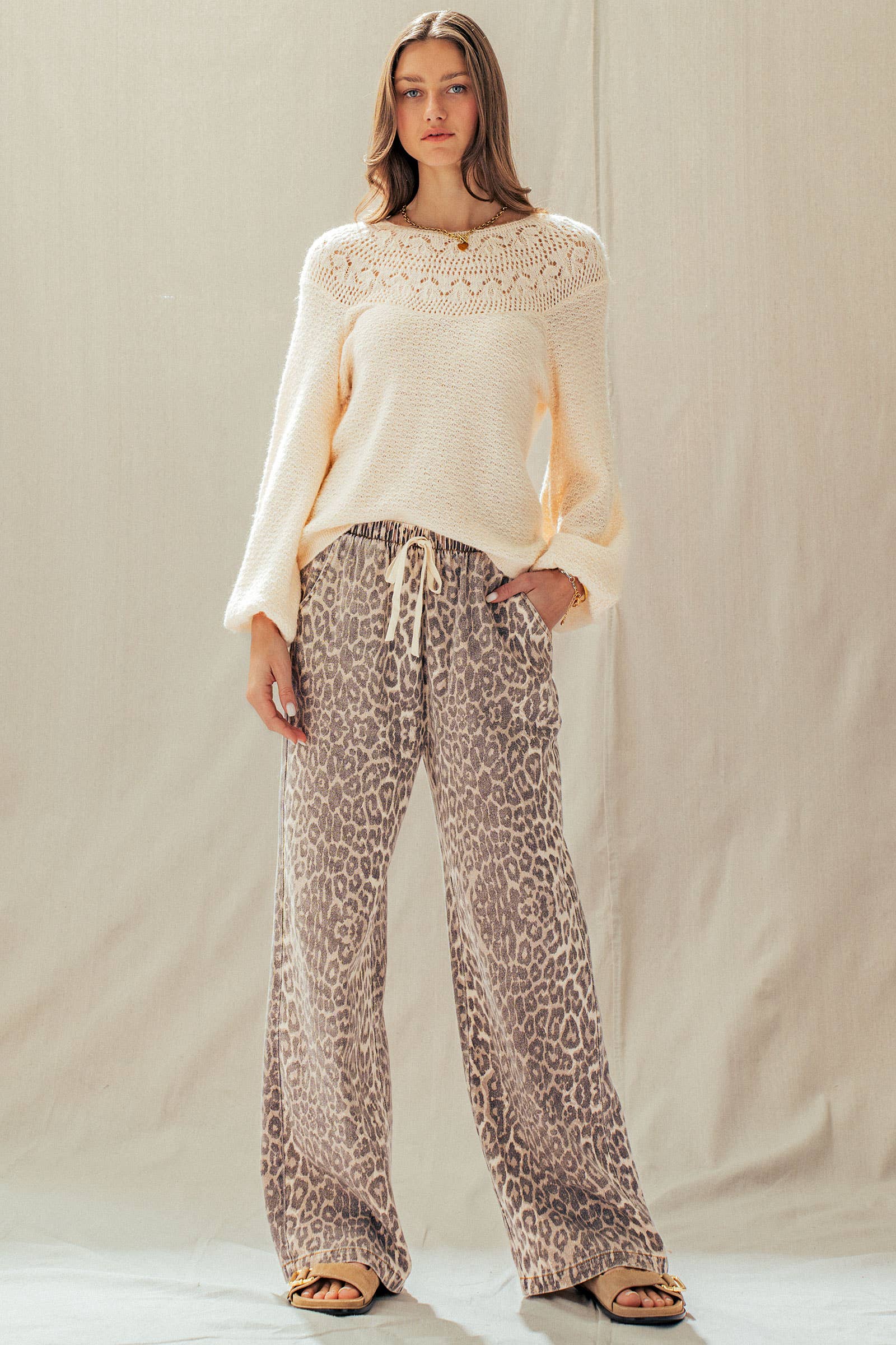 Leopard Print Wide Leg Cotton Pants