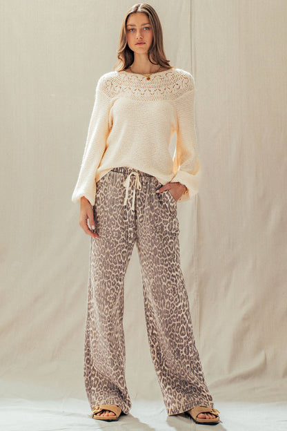 Leopard Print Wide Leg Cotton Pants