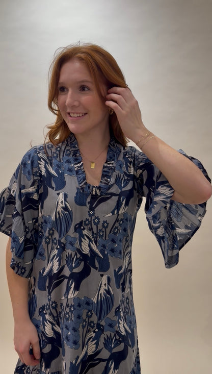 Indigo Bird Print Ruffle-Sleeve Caftan Mini