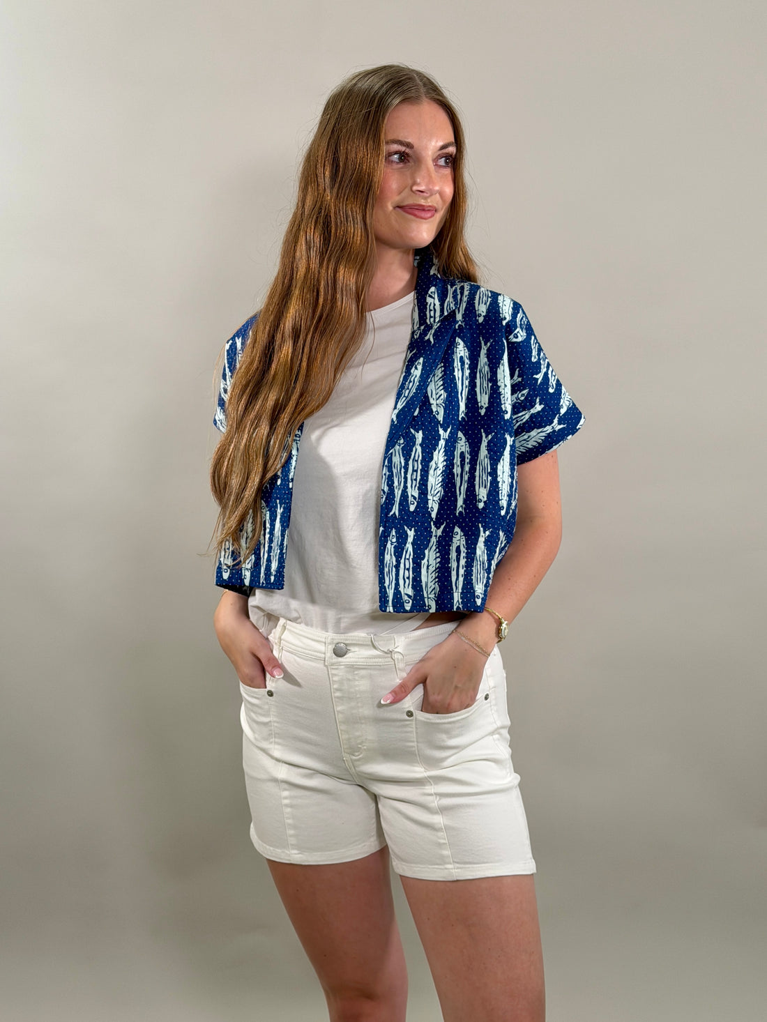 Fish Print Quilted Cropped Jacket