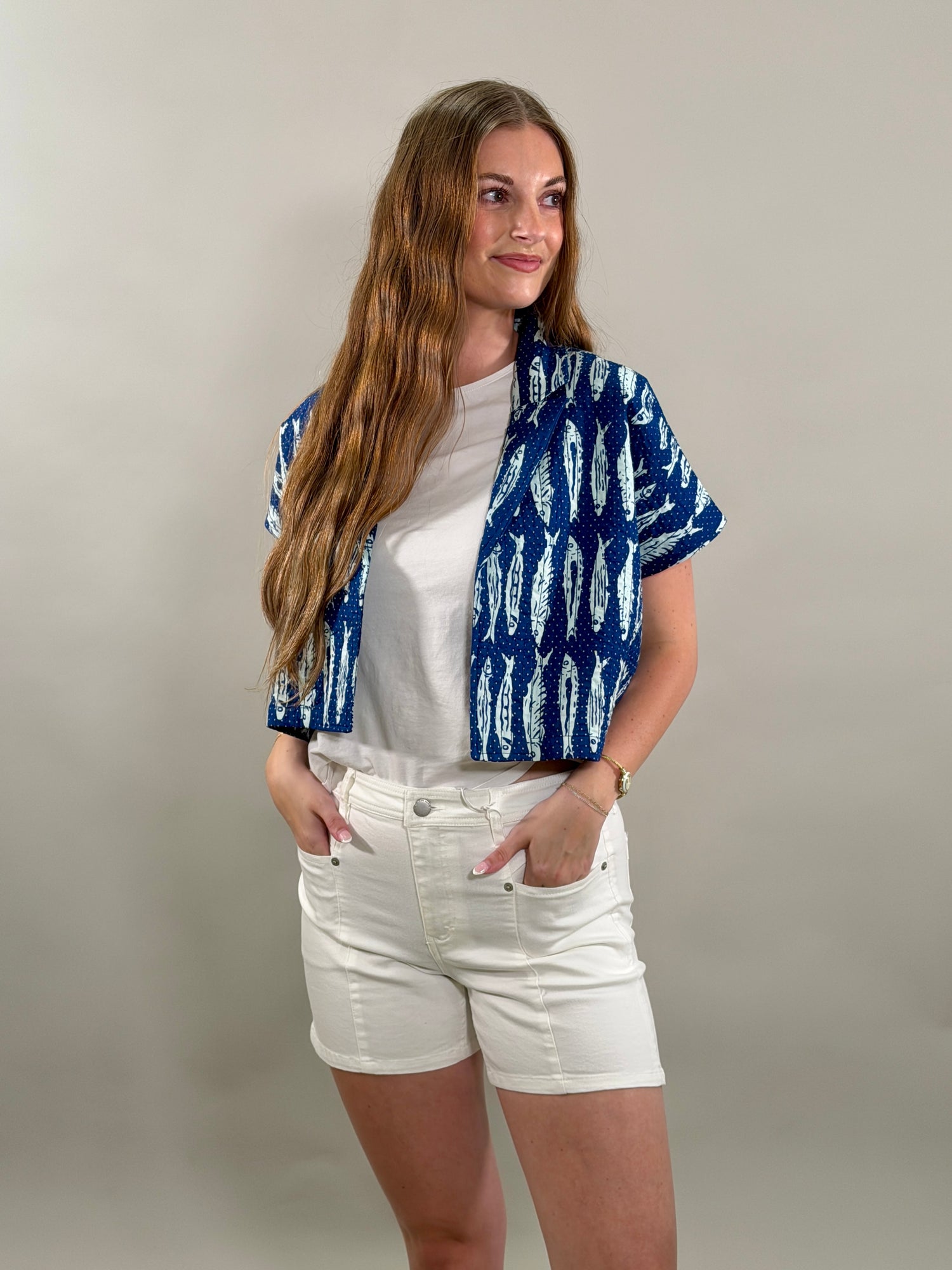 Fish Print Quilted Cropped Jacket